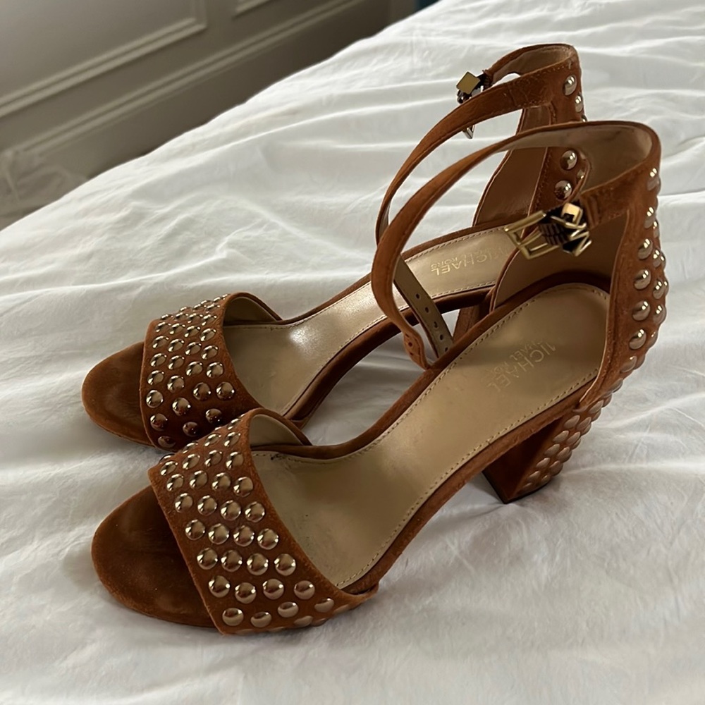 Michael Kors brown/gold studded heeled sandals, ankle strap size 6.5